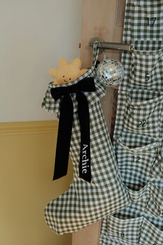 Personalised Green Gingham Stocking Velvet Bow, 2 of 7