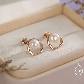 Genuine Pearl And Mobius Circle Stud Earrings In Sterling Silver, 4 of 12