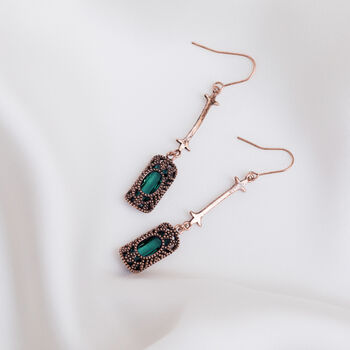 Antique Bronze And Emerald Green Stone Drop Earrings, 2 of 4