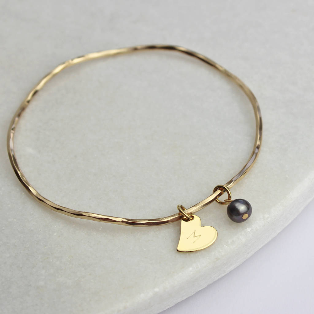 Personalised Pearl And Heart Charm Bangle By Jamie London