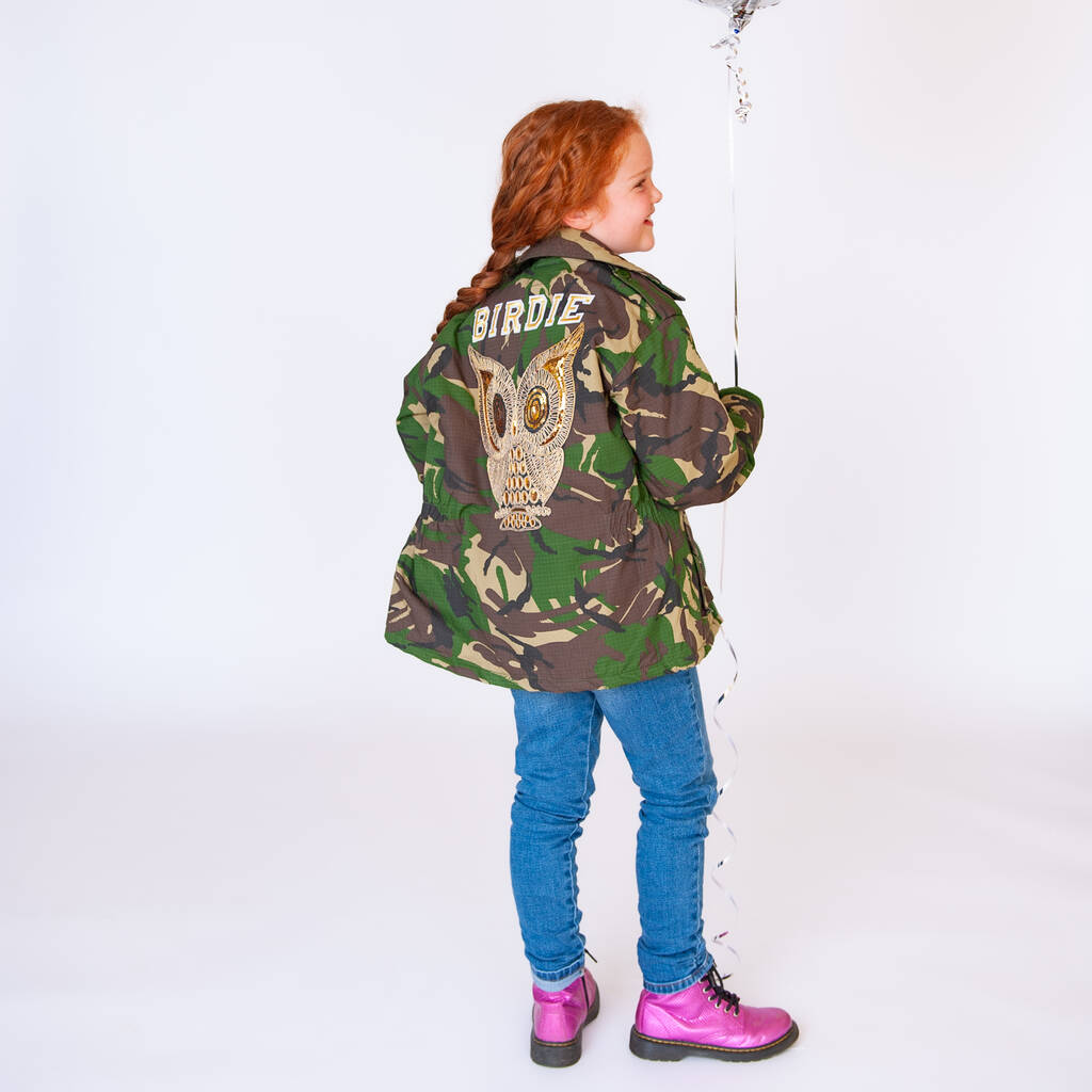 Gold Sparkly Owl Personalised Kids Camo Jacket, 1 of 8