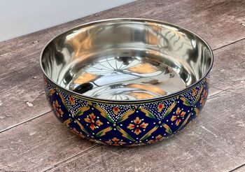 Hand Painted Stainless Steel Navy And Gold Patterned Serving Bowl, 4 of 4