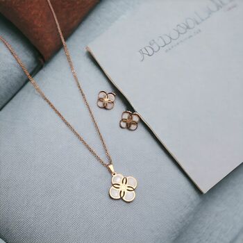 White Enamel Clover Necklace And Earring Set, 5 of 7