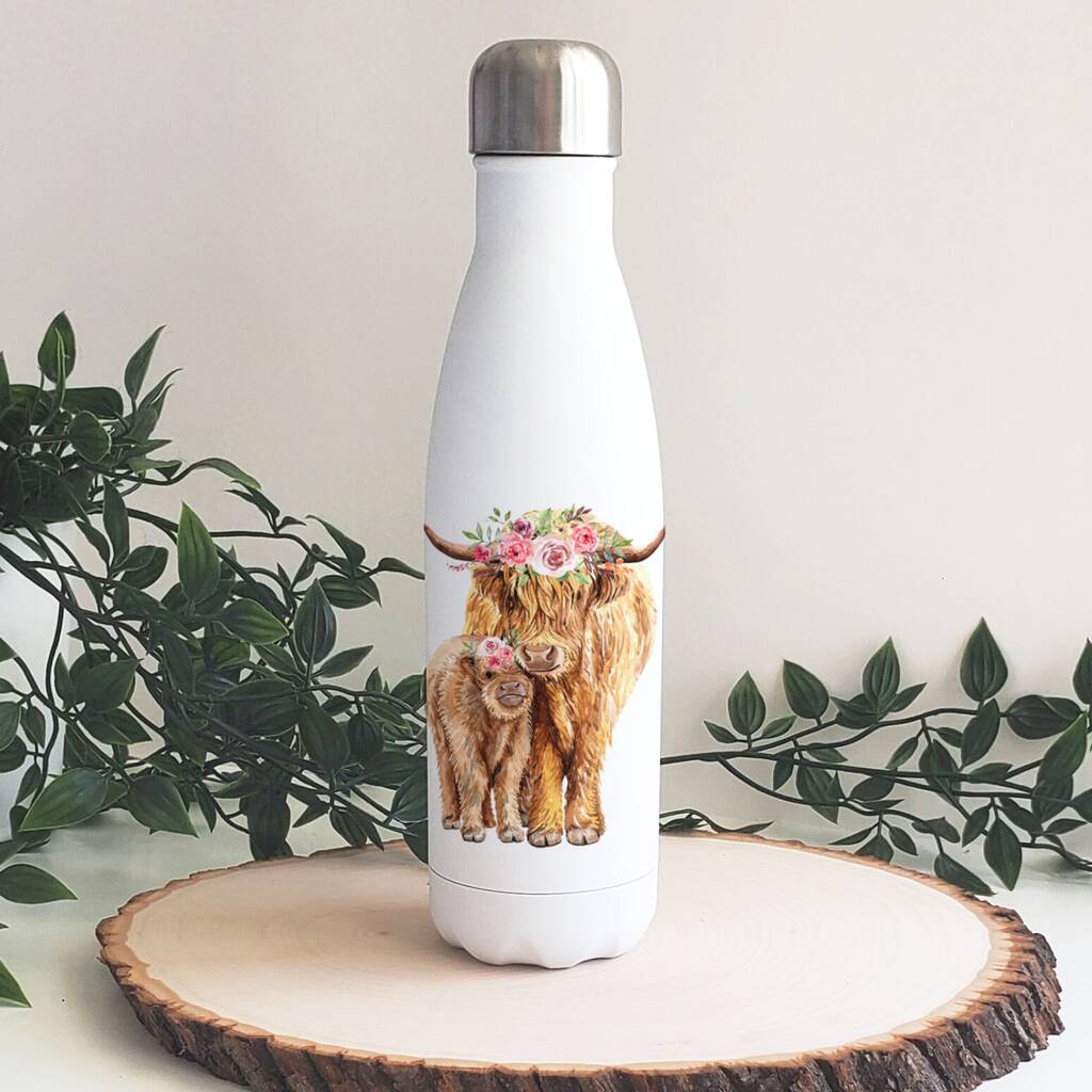 Floral Highland Cow Water Bottle, 1 of 4