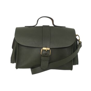 Small Leather Crossbody Satchel Handheld Handbag Khaki Dark Military Green With Side Pockets, 6 of 9