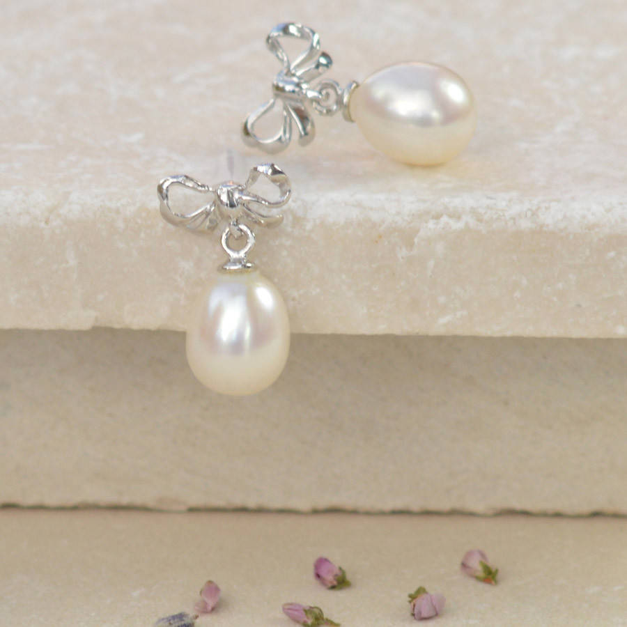 Bow Pearl Drop Earrings By Tigerlily Jewellery Notonthehighstreet Bow Pearl Drop Earrings