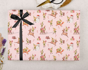 Three Sheets Of Pink Christmas Elf Wrapping Paper, 2 of 2