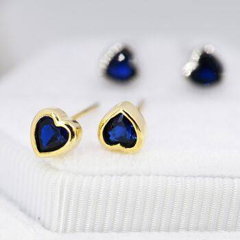 Tiny Sapphire Blue Cz Heart Stud Earrings, 5 of 11