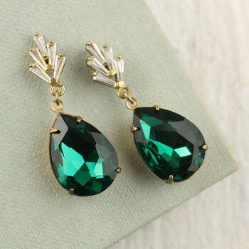 Art Deco Emerald Green Teardrop Chrysler Earrings, 9 of 9