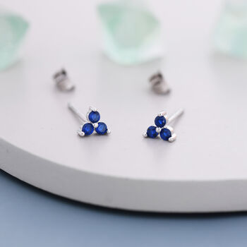 Sterling Silver Tiny Tree Dot Sapphire Blue Cz Stud Earrings, 3 of 12