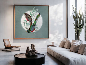 Elegant Tailed Trogon Moon Art Print – Vintage Japandi Style – Range Of Colours, 2 of 7
