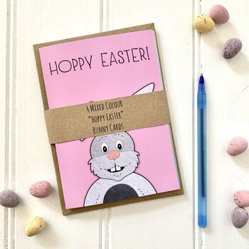 Set Of Four Coloured 'Hoppy Easter' Bunny Cards, 3 of 4