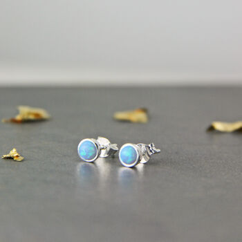 Sterling Silver Small Round Opal Stud Earrings, 2 of 10