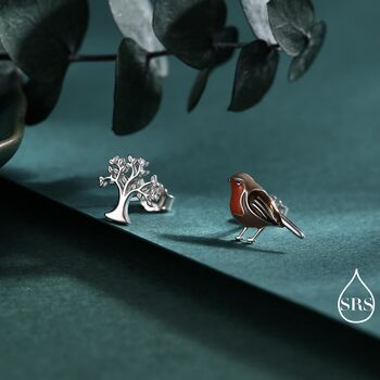 Mismatched Robin Bird And Tree Stud Earrings In Sterling Silver, 3 of 12