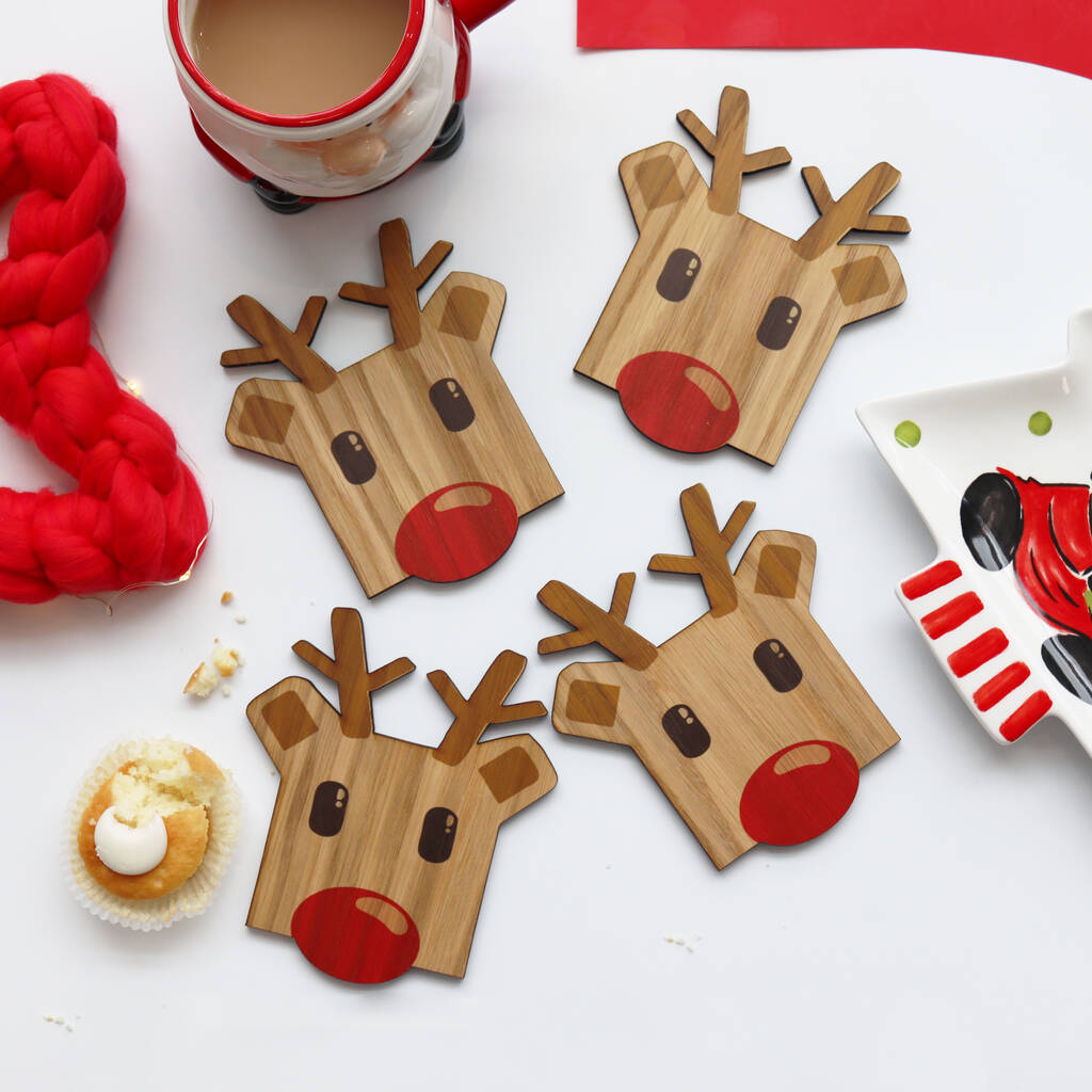 Set Of Four Wooden Rudolph Reindeer Coasters, 1 of 8