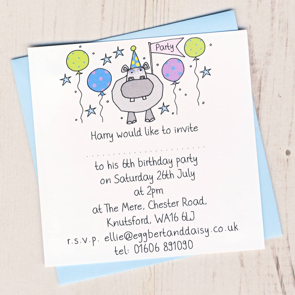 Personalised Hippo Party Invitation Pack