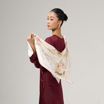100% Mulberry Silk Scarf, Ivory Floral And Ribbon In Gift Box, 5 of 6