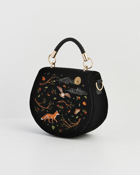 Fox And Owl Embroidered Black Top Handle Saddle Bag, 5 of 8