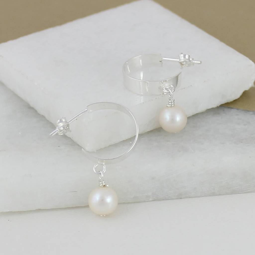 Silver Hoop Earrings With Pearl Drop By Bish Bosh Becca