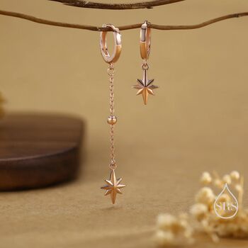 Sterling Silver Asymmetric Starburst Huggie Hoop Earrings, 7 of 12