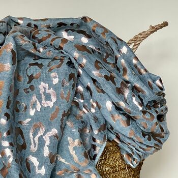 Rose Gold Leopard Print Scarf In Duck Egg Blue, 2 of 2