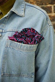Mens Black And Pink Paisley Needlecord Pocket Square, 3 of 9