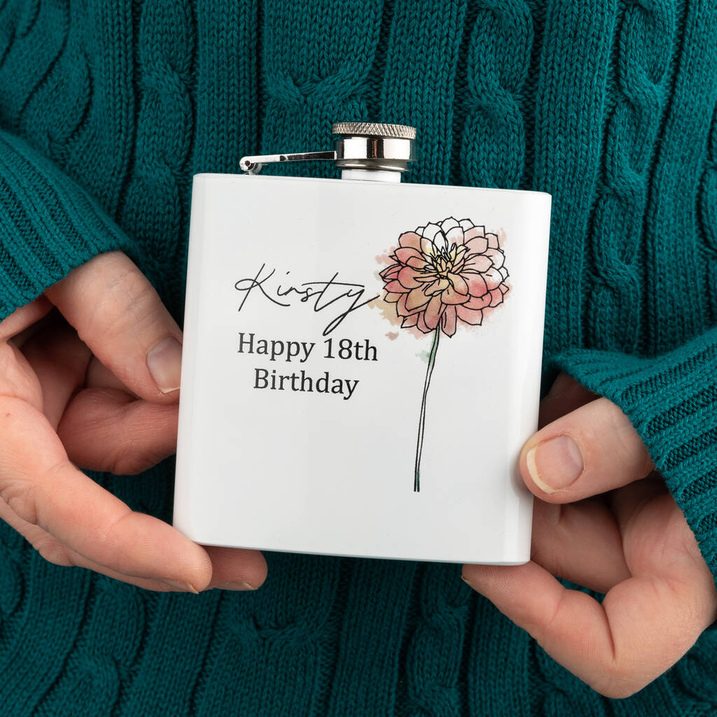 Personalised Watercolour Birth Flower White Hip Flask, 1 of 5