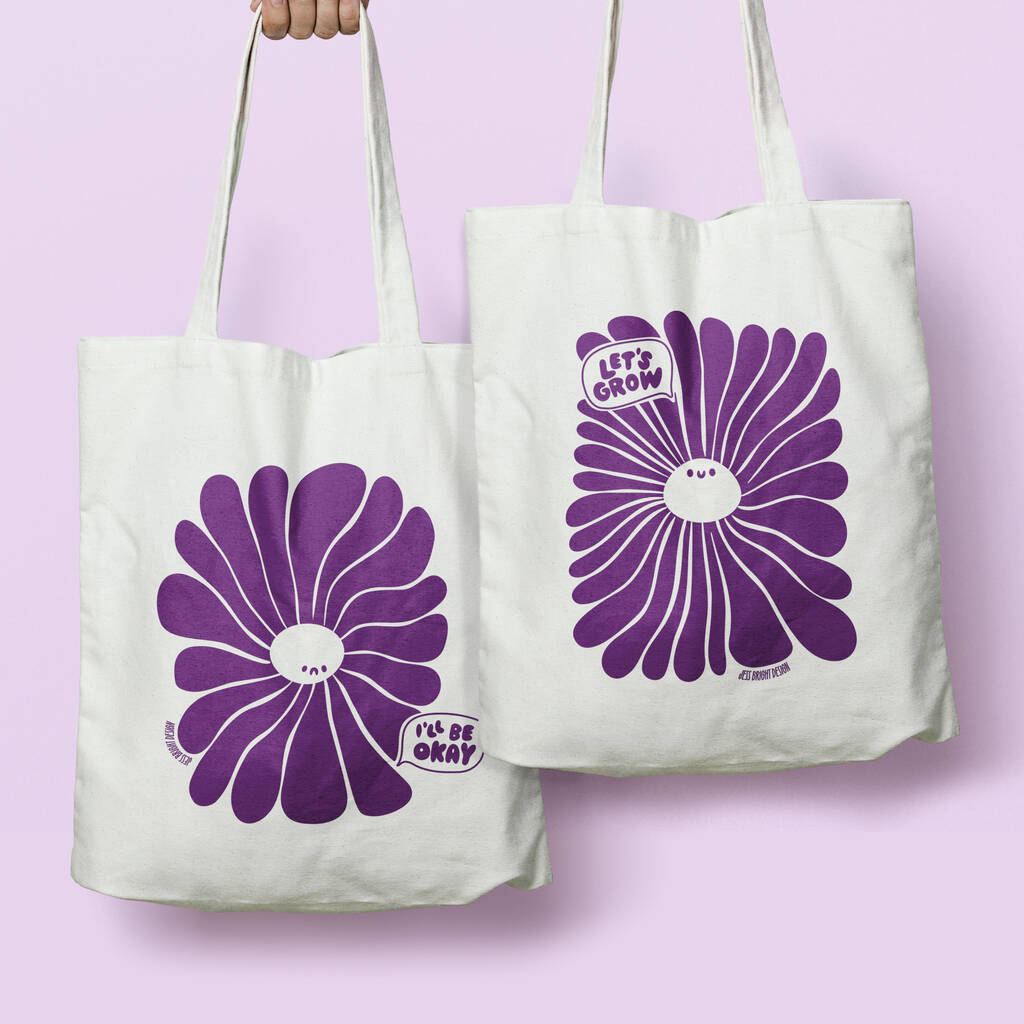 Cute Double Sided Happy/Sad Flower 100% Recycled Tote, 1 of 6