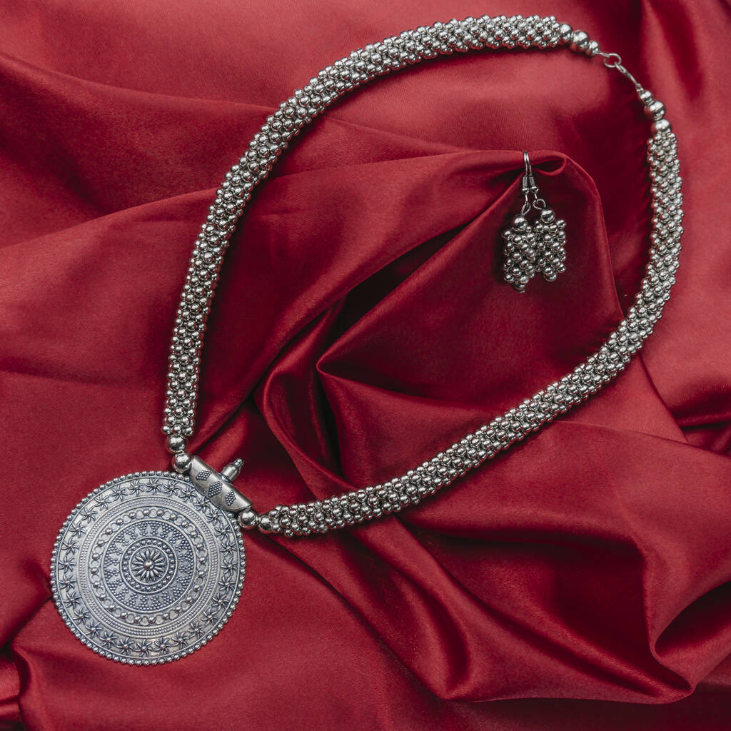 Long Silver Disc Statement Pendant Necklace Jewellery By The Colourful Aura