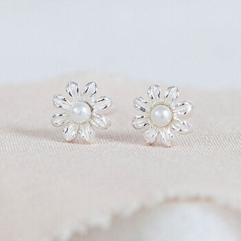 Tiny Sterling Silver And Pearl Daisy Stud Earrings, 2 of 8