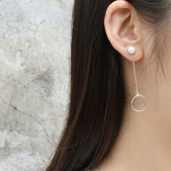 Sterling Silver Pearl Circle Dangle Stud Earrings, 3 of 4