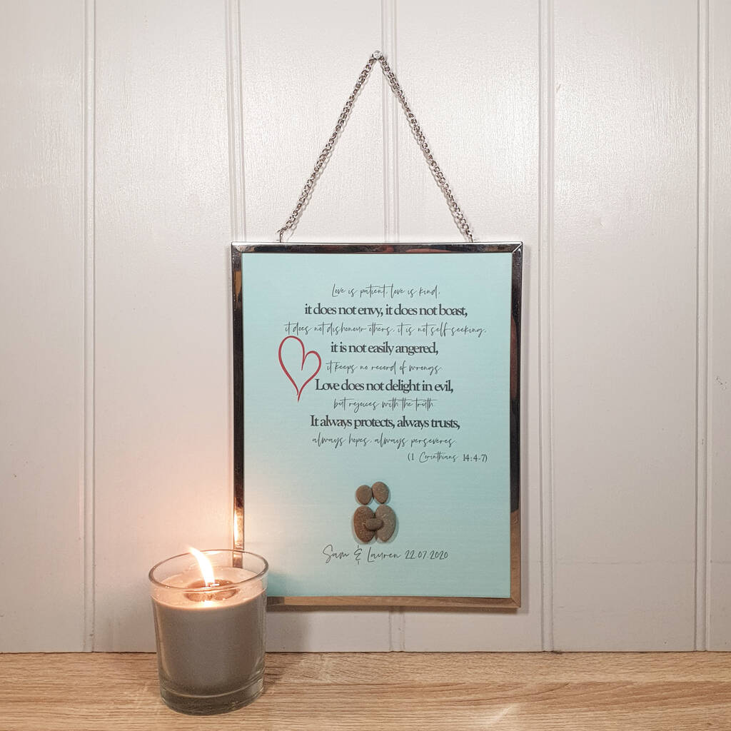 'love is patient…' framed christian pebble art by daisy maison