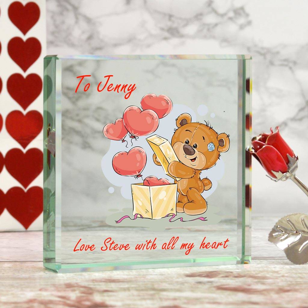 Personalised Glass Block With Cute Teddy Design