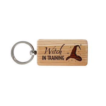Oak Keyring 'Witch In Training' With Witch's Hat Illustration | House Keys | Novelty | Halloween, 2 of 2