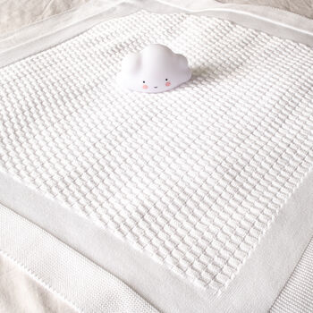 Toffee Moon White Knitted Personalised New Baby Blanket, 2 of 8