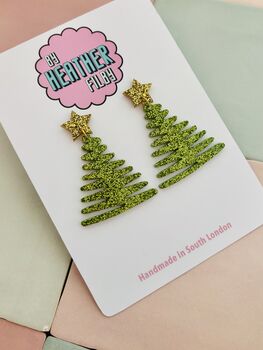 Green Squiggle Glitter Christmas Tree Earrings / Festive Jewellery / Sparkly Abstract Tree Earrings / Holiday Jewellery / Christmas Gift, 2 of 5