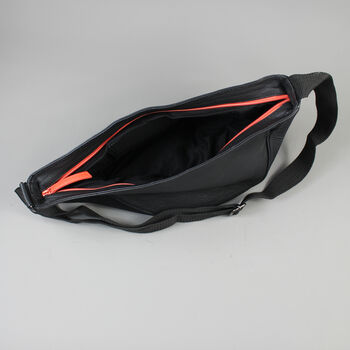 Black Leather Crossbody Sling Bag With Orange Zip, 6 of 8
