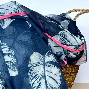 Tropical Leaf Scarf With Border In Navy Blue, 2 of 4