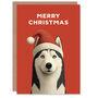 Cute Siberian Husky Dog Wearing Santa Hat Christmas Card, thumbnail 1 of 4