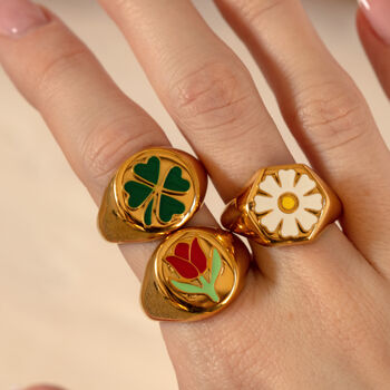 Chunky Signet Ring Emerald Green Clover, Gold Colour, 2 of 4