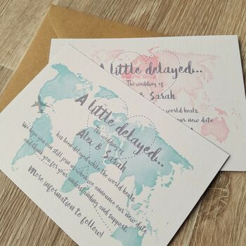 Watercolour Travel Themed Wedding Change The Date Card, 3 of 4