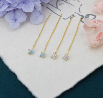 Sterling Silver Tiny Hydrangea Flower Cz Threader Earrings, 3 of 12