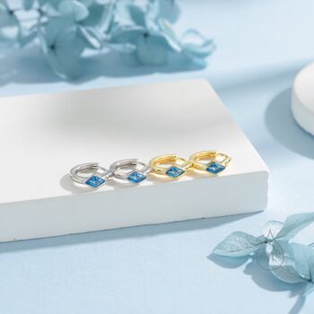 Tiny Rhombus Aquamarine Blue Cz Huggie Hoop In Sterling Silver, 4 of 12