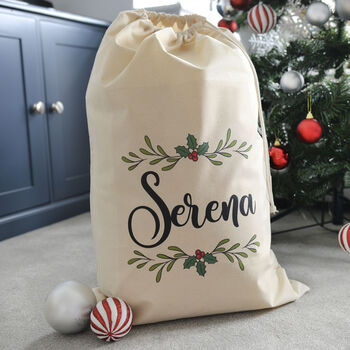 Personalised Christmas Name Between Holly Cotton Sack, 2 of 2