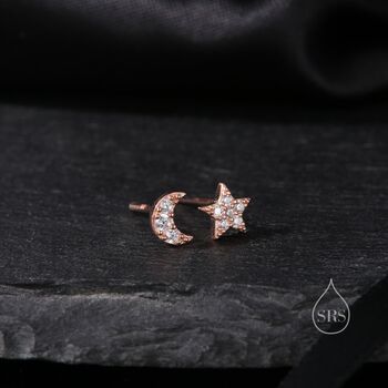 Mismatched Moon And Star Cz Stud Earrings, 2 of 11