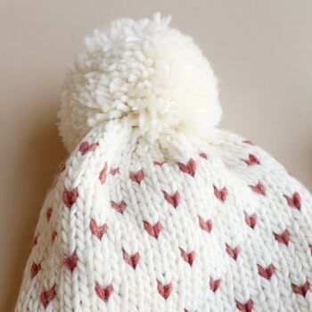 White And Pink Knitted Bobble Hat And Mittens Set, 8 of 8
