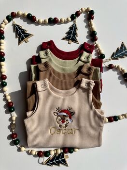 Personalized Festive Bear Baby Dungarees Romper | Custom Embroidered Christmas Outfit | Newborn First Christmas Gift, 4 of 9