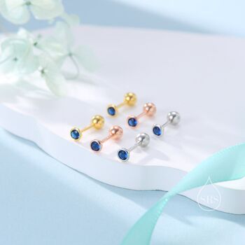 Sterling Silver Tiny Sapphire Blue Cz Bezel Screw Back Earrings, 3 of 12