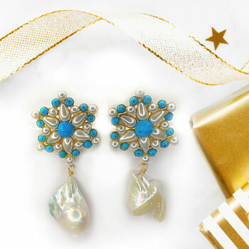 Blue Turquoise And Baroque Pearl Drop Earrings, 7 of 7