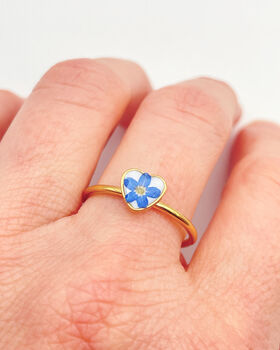 Mini Heart Ring With Real Forget Me Not Flower In Gold Or Silver Waterproof, 3 of 10